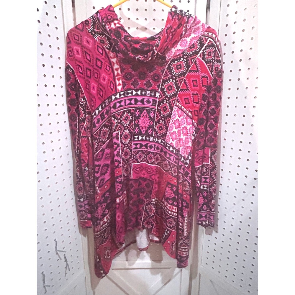 Ruby Rd. Pink Geometric Patchwork Cowl Neck Long … - image 1